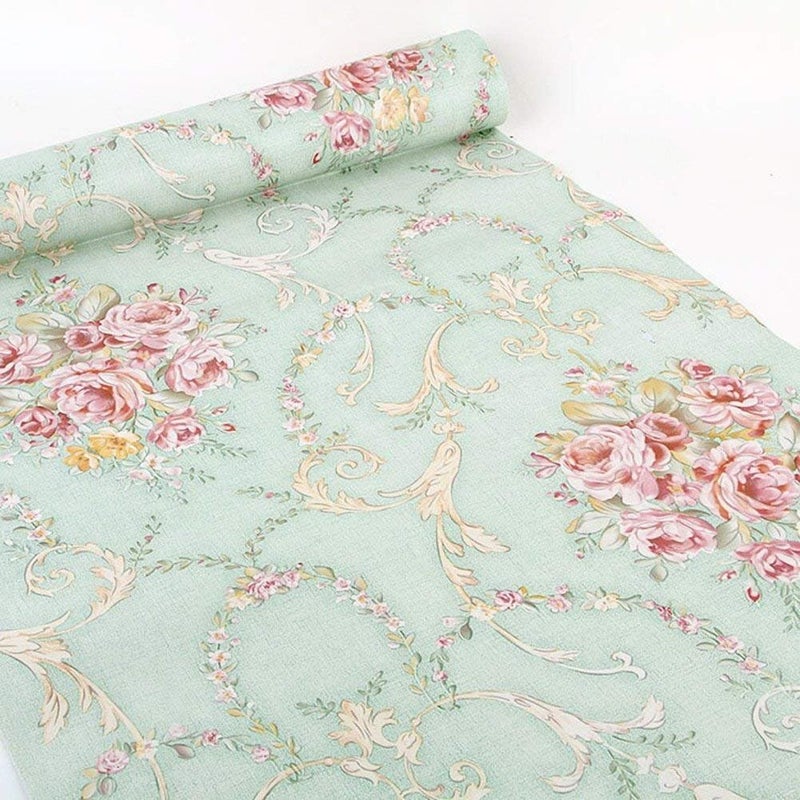 UPREDO Vintage Floral Self Adhesive Wall Paper Shelf Liner Funitures Dresser Drawer Cabinet Decor Paper (Green, 17.7inchX100inch(8.2Ft)) - Image 2